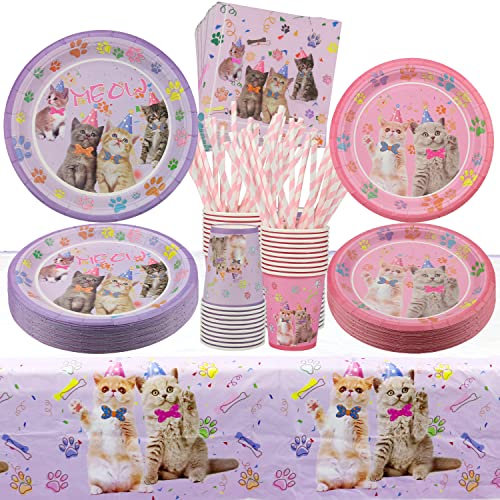 Ywediim Ensemble de fête de chat Vaisselle Enfants Anniversaire Animaux, y compris assiettes en papier, assiettes à dessert, serviettes, nappes, tasses, pailles, pour 40 invités