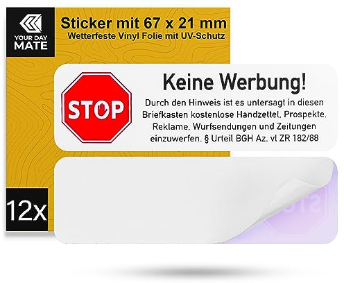 Briefkastenaufkleber Keine Werbung, 12 Stück, 67 x 21 mm, selbstklebende Folie mit BGH Hinweis, Hinweisschild Sticker für Innen- und Außenbereich, Keine Werbung Aufkleber Tattoo Schild Briefkasten