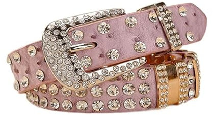 JIARY Diamant Persönlichkeit Breiter GürtelStrass Nietengürtel für Frauen, Western Ledergürtel für Cowgirl Cowboy Vintage Gürtel für Hosen Kleid,Rosa,105CM/41.3''