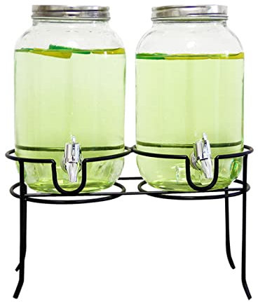 SYALEO Fria Dispensador de Bebidas Doble de 3 L, dispensador de Bebidas heladas de Vidrio con Espiga y Soporte de Metal, Tarro de Boca Ancha para té al Sol, té Helado Garrafa de Agua