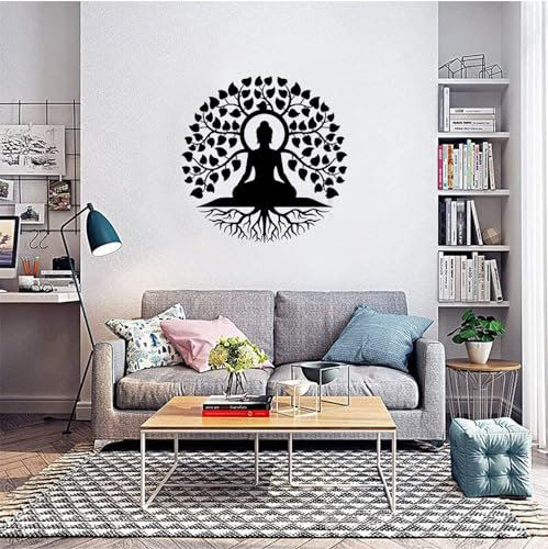 LIKEUDO Arbre de vie avec Bouddha - 50 cm - En métal noir - Décoration murale pour salon et chambre à coucher
