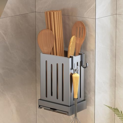 Soporte para cubiertos de cocina, estante de secado de cocina montado en la pared con bandeja de goteo, escurridor de platos, soporte multifuncional para vajilla de 12 x 8,5 x 6,2 cm (gris)