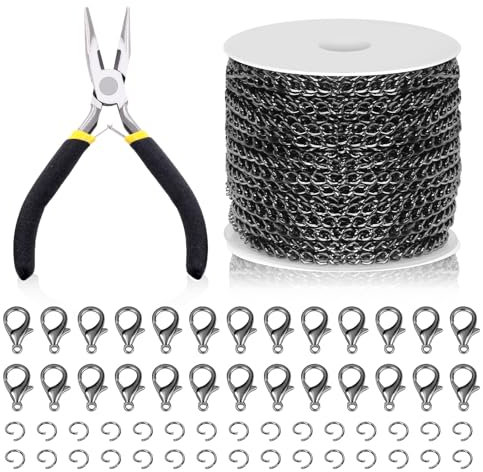Swpeet 102Pcs Gun Schwarz 3mm um 10 Yard Länge Schmuck Herstellung Ketten Kit mit Sprungringen, Hummerverschlüsse und Schmuck Zange, Halskette Ketten Kabelglied Kette Bulk für DIY Kette Herstellung