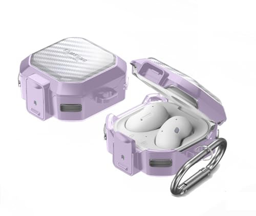 KQXG Case for Samsung Galaxy Buds - Soft Silicone & Hard PC, Transparent with Carbon Fiber Texture, Shockproof, Secure Lock, Metal Hook - Light Purple