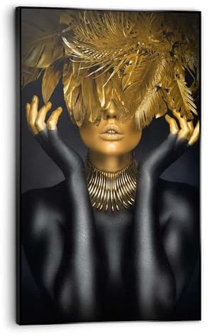 REINDERS Gerahmtes Bild, Frau mit goldenen Federn, Wohnzimmer, Poster, Wanddeko, Room Decor, MDF, Gold, 118x70cm