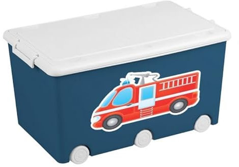 BDW Aufbewahrungsbox mit Deckel - Kiste für Kinderzimmer, Kindergarderobe - Spielzeug Aufbewahrung, Spielzeugkiste, Box 60 L - 57 x 36 x 29 cm - Kunststoff - mit Motiv Feuerwehr