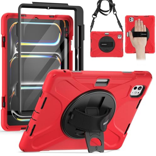BRAECN iPad Pro 11 Hülle 2025 M5/2024 M4, Robuste Stoßfeste Schutzhülle mit Displayschutz, 360° Drehbarer Handgurt und Ständer, Stifthalter, Schultergurt für iPad Pro 11 6./5. Generation, Rot