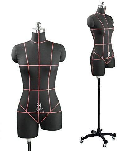 Schneiderpuppe mit Verstellbarer Größe für Damen, Übergröße, Torso-Schneidepuppe mit Standardaufkleber und Rädern, für Schneiderschulanfänger (Farbe: Schwarz, Größe: L-Modell 84)