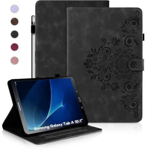 Auslbin Custodia per Samsung Galaxy Tab A6 (2016) 10.1, Cover Protettive Retrò Tab A6 2016 T580/T585 in Tinta Unita in Rilievo, Design con Fibbia Magnetica, Funzione Supporto, Nero