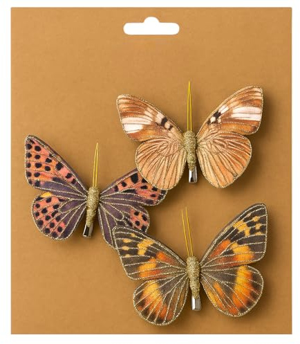 MIJOMA Deko-Schmetterlinge mit Clip, farbenfrohe Schmetterlinge für Festliche Dekoration, vielseitig einsetzbar für Floristik, Hochzeit, Weihnachten und Bastelarbeiten (Gold-Braun, 3 Stück)