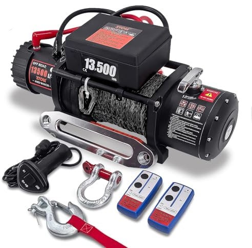 XYCLE Winch13500lbs 12V Waterproof Electric Winch Synthetic Rope Electric Winch Towing Winch Boat Trailer Winch SUV 4-Wheel Drive Off-Road Vehicle with Remote Control 3/8 Synthetic Rope (Black)