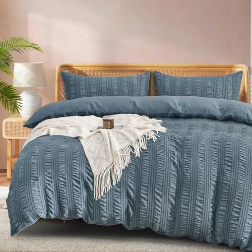 Fondream Set copripiumino per letto matrimoniale in tessuto seersucker, 3 pezzi, blu, per adolescenti e adulti, con 2 federe, set copripiumino con chiusura a cerniera, 200 x 200 cm
