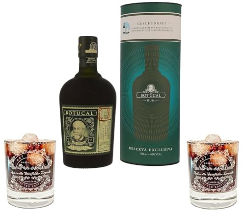 Geschenkset 2 Gläser + 1 Flasche Rum, personalisierte lasergravierte Geschenkidee mit persönlicher Note, gravierte Rumgläser, Geschenkbox (mit Botucal Reserva Exclusiva 40%Vol, Glas 200ml ArtOfRum)
