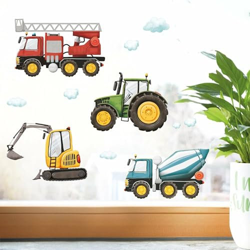 Wandtattoo Loft Fensterbild Kinderzimmer Junge Baumaschinen Motiv – A3 Bogen Wiedervendbar – Fensterdeko Kinderzimmer, Bagger Trecker Feuerwehrauto Betonmischer Baufahrzeuge Baustelle Motive