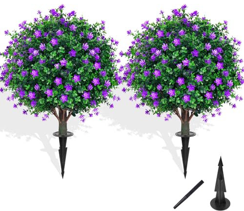 Grooy Árbol topiario artificial de boj con flor, juego de 2 arbustos artificiales con estaca para el suelo, árbol de hoja perenne falso para porche, plantas artificiales para macetas al aire libre