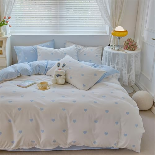 ZBOOM Herz Bettwäsche 155x220cm 2Teilig Blau Weiß Herzen Bettbezug Kinder Mädchen Mikrofaser Herzmuster Wendebettwäsche Set mit Reißverschluss und Kissenbezug 80x80cm