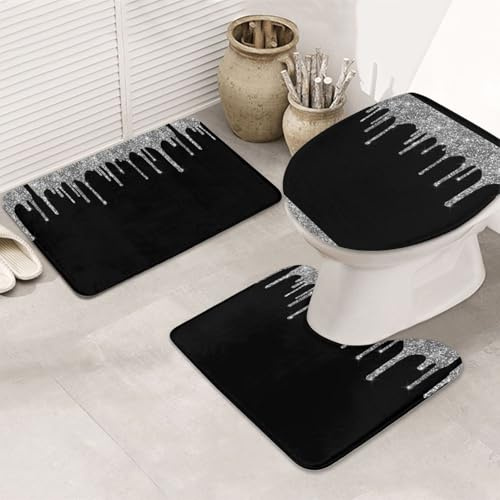 Hyaszst Badematte 3-teiliges Set, rutschfeste Badteppiche, waschbar, saugfähig, für Badezimmer, Bodenteppich, Teppich,Silber Glitzer Tropfen Funkeln Schwarz