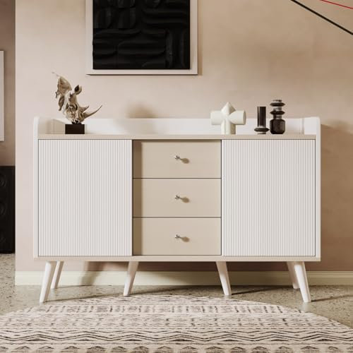 PUGSDRLY Meubles de Rangement pour Salon,Buffet Salle a Manger avec 2 Portes et 3 Tiroirs,Buffet Cuisine Meuble,Armoire pour Cuisine Salon Chambre,117.5x39.5x79cm (Blanc)