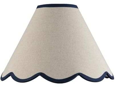 Traditional Scallop Edge Natural Textured Linen Coolie Lamp Shade with Navy Blue Cotton Trims | 30cm x 20cm | for Ceiling Pendant or Lamp by Happy Homewares