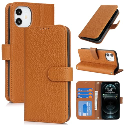 Zouzt Leather Wallet Case for iPhone 12 Mini, 4 Card Slot, Amber | Genuine Leather, Card Holder, Shockproof TPU Shell, Magnetic Closure, Protective Flip Folio Phone Cover, For Women Men