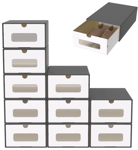 ACXIN Schuhboxen Stapelbar Boxen-Set,Aufbewahrungsbox Schubladen mit Transparentes Sichtfenster,Pappkarton aus Kraftpapier,34.5 x 23.5 x 13.5 cm,10 Stück, Anthrazit