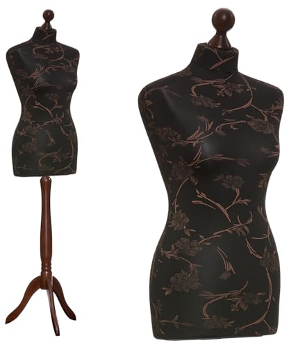 DummyDoll Schneiderpuppe weiblich in Größe 36/38, Überzug schwarz braune Blumen, Holzdreibein Nuss