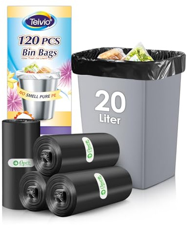 Teivio 20 Litre Small Pedal Bin Bags, 120 Count, Thick Plastic Waste Bags for Bathroom, Kitchen, Office, Fits 15-20L Bins, Black