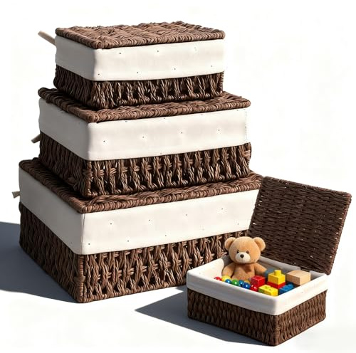 Baskets for Shelves, 3Pcs Wicker Storage Basket Decorative Woven Storage Boxes with Lids and Inner Lining Large Capacity Rattan Basket Bathroom Baskets for Toiletries Clothing