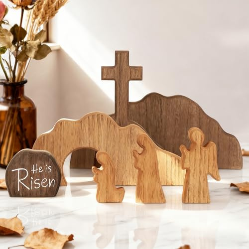 Glintoper Decorazione vuota con scena pasquale e croce, 7 pezzi, in legno, scena pasquale risurrezione, croce, Gesù, set di vassoi per tombe, regali cristiani, decorazione per presepe di Gesù