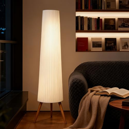 HOMCOM Dimmable Tripod Floor Lamp with Foot Switch 153cm White and Natural | Nordic Standing Lamp, Fabric Shade, for Living Room Bedroom Office