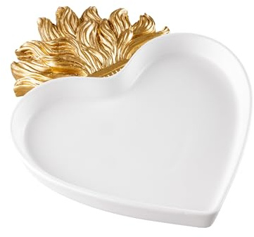 Baroni Home Svuotatasche Sacro Cuore con Fiamma, Vassoio per gioielli in Resina Bianco con Fiamma Oro, Vassoio Decorativo Ex Voto, Idea Regalo, 17x22x2 cm