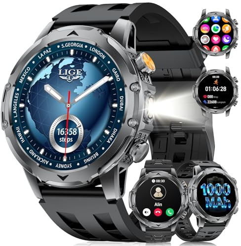 Reloj Inteligente Hombre Militar LED Linterna/1000mAh Batería/3 Correas, 1.53Smartwatch Hombre con Llamadas, 120+ Modos Deportivos, 5ATM Impermeable Pulsómetro Podómetro Android iOS Silicona