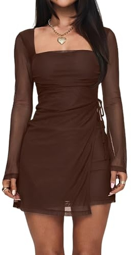 Remxi Women's 2026 Mesh Mini Dress Sexy Square Neck Long Sleeve Dress Wrap Tie Party Club A Line Short Dresses Brown M