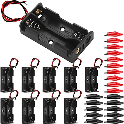 HAAMNING7 2 AA Battery Holder Case Box 3V, 10 PCS Battery Pack Case with Wire Leads, 2 Slots Series Battery Box Plastic Housing with 20 PCS Alligator Clip