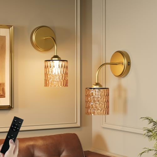Vintage Rechargeable Wall Lights, Battery Wall Lights Set of 2, Amber | No-Electrician Installation, 5200mAh Rechargeable Battery, 5mm-Thick Art Glass Shade, Remote Control, Dimmable, Indoor