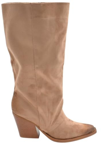 Stivali Donna camperos Texani Stile Western Beige Arricciato Pelle Scamosciata Zip Altezza Polpaccio (38 EU)