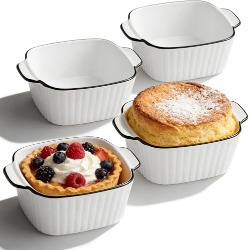 Juego 4 Platos Cerámicos para Hornear 14.5cm con Asas | 400ml Cuencos Cuadrados Aptos Horno, Microondas y Freidora de Aire | Seguros y Multiusos