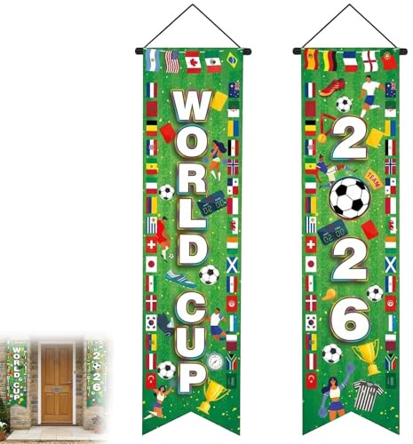 World Cup Bunting 2026, 2PCS Football World Cup Decorations, World Cups Couplet Curtain Hanging Banner for Sports Events and Home Parties Home Wall Porch Front Door Backdrop Party Decor