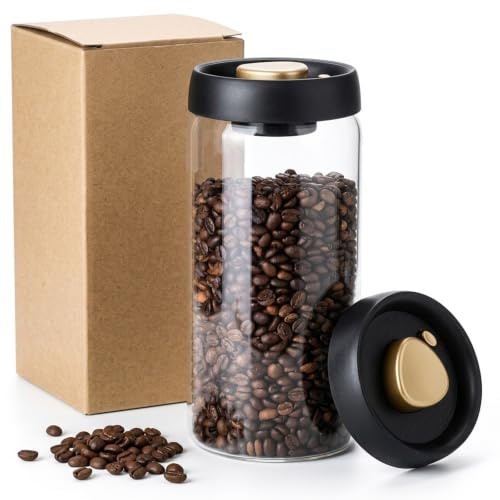 TOTDUKE Bote Cafe Hermetico, Tarro de Café al Vacío de Vidrio, 1800ML | Botón de Purga, Recipiente para Granos de Café, Té, Nueces, para 500-800 g Granos