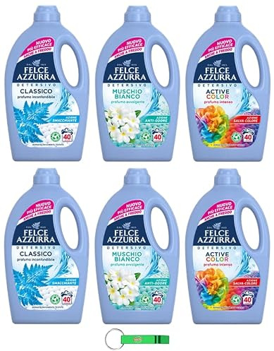 Felce Azzurra - Detersivo liquido per lavatrice, confezione di prova, 6 x 1595 ml, 40 lavaggi, 3 diverse fragranze + portachiavi Beni Culinari gratuito