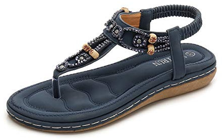 Zoerea Donna Estate Sandali Piatti Casual T-Strap Strass Bohemia Infradito Elegante Comfort Scarpe Piatte Spiaggia Blu#2,38 EU