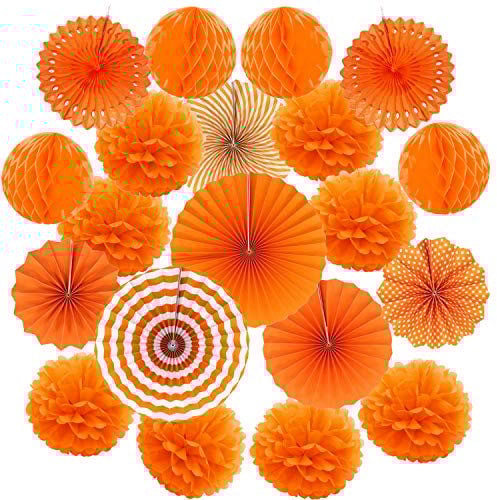 ZERODECO 20 Stück Seidenpapier Pompoms, Papier Fans Fächer und Wabenbälle Dekorpapier Kit für Geburtstag Hochzeit Baby Dusche Parteien Hauptdekorationen - Orange
