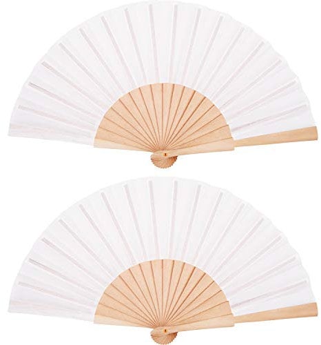 Chuangdi Handfächer aus Holz, faltbar, aus Stoff, Handfächer, Handfächer, Handwerk, Geschenk, mit Kordelzug, Organza-Beutel für Männer, Frauen, Mädchen, Weiß, 2 Stück