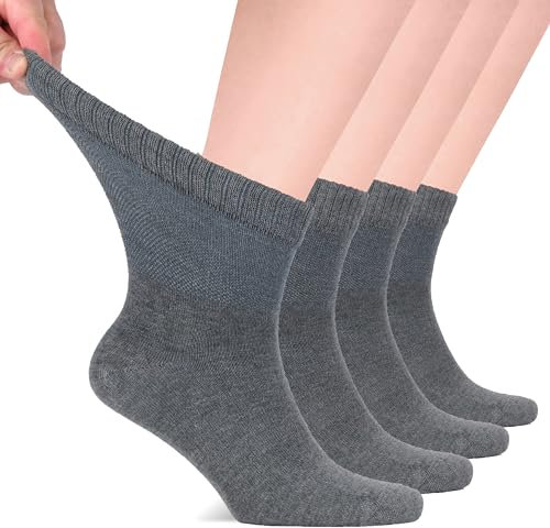HUGH UGOLI Chaussettes Cheville Hommes Diabétiques, 4 Paires, Chaussettes en Bambou Douces et Fines, Larges &Amples pour Chevilles Gonflées, Bord Non Serré &Pointe Sans Couture, Melange de Gris, 44-47