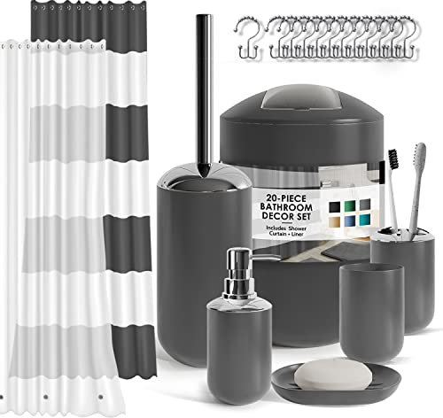 Clara Clark Bathroom Set - Black Bathroom Accessories Set, 20PC Bathroom Accessory Set, Shower Curtain Set with Liner, Toothbrush Holder, Soap Dispenser, Soap Dish, Toilet Brush Holder, and Trash Can