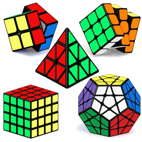 ROXENDA Speed Zauberwürfel Set, 2x2 3x3 4x4 Pyramide Dodekaeder Würfel Magischer Cube Sammlung für Kinder & Erwachsene [5 Pack] (Aufkleber)