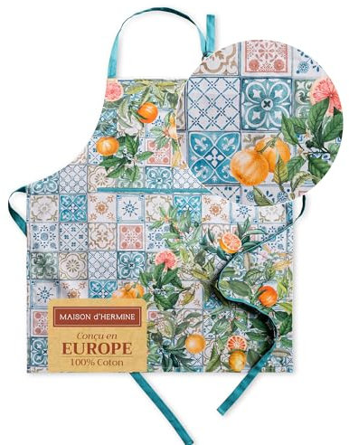 Maison d' Hermine Stoffschürze, 100% Baumwolle, (70 cm x 85 cm) 1 Stück, verstellbare Nackenriemen-Schürze mit Mitteltasche und langen Bändern für Köche, Damen, Agrume – Frühling/Sommer