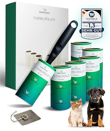 SIMPLYHACK - Fusselrolle - Aufhängehaken und 6 Rollen 360 Blatt - hohe Klebekraft - Fusselrolle Tierhaare - benutzte Blätter Lassen Sich leicht entfernen