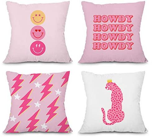heilkee Preppy Throw Pillow Covers Set of 4 Decorative Soft Pillowcase Hot Pink Preppy Room Decor Aesthetic Smiley Face Square Cushion Case for Sofa Girls Bedroom,18x18 Inches