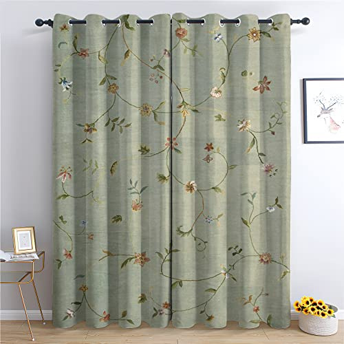 WQIZXCW Floral Curtains, Flower Leaf Blackout Curtains for Bedroom Living Room, Thermal Eyelet Curtains, 90 Drop Patterned Window Treatments, 90x90 Inch (W X L), 2 Panels - Green